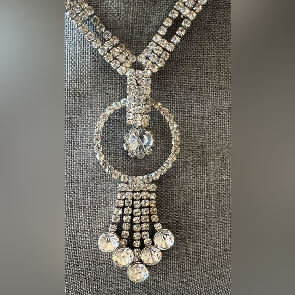 Diamante Rhinestone Y Necklace Clear Crystals Costume 14.5” Choker Lariat - Picture 5 of 9